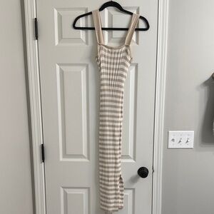 Sleeveless Beige and White Striped Knit Maxi Dress